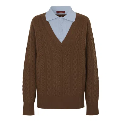 Callaite Women's  Pure Cashmere Camilla Cable Collar Top -   Autumn Brown -medium