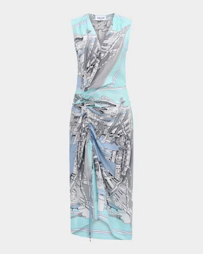 Callas Milano Agnes Landmark-print Silk Twill Midi Dress In Turquoise