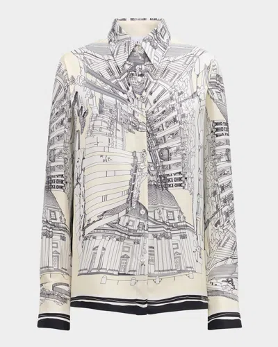 Callas Milano Cameron Landmark-print Silk Twill Blouse In White