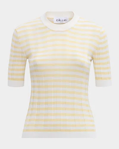 Callas Milano Deeda Striped Ribbed Pullover In Yellow Ivory Stripes W Ivory Trim