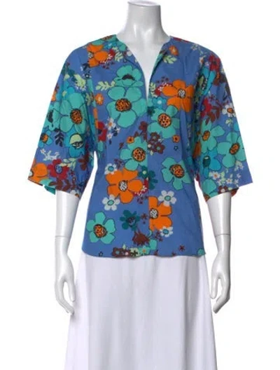 Pre-owned Callas Milano Floral Print V-neck Top In Blue