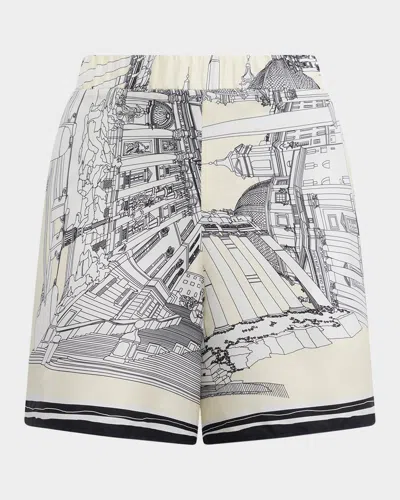 Callas Milano Juvia Landmark-print Silk Twill Shorts In White And Black
