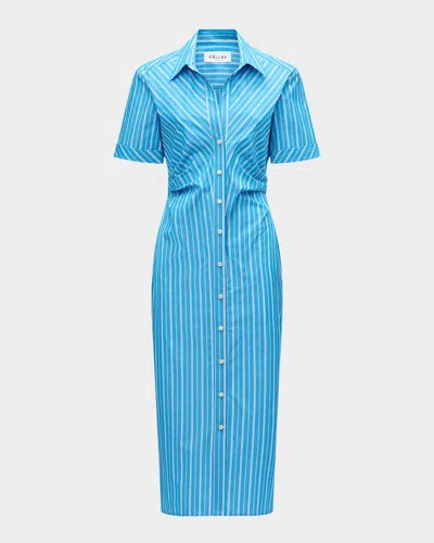 Callas Milano Lou Pleated Striped Cotton Midi Shirtdress In Blue