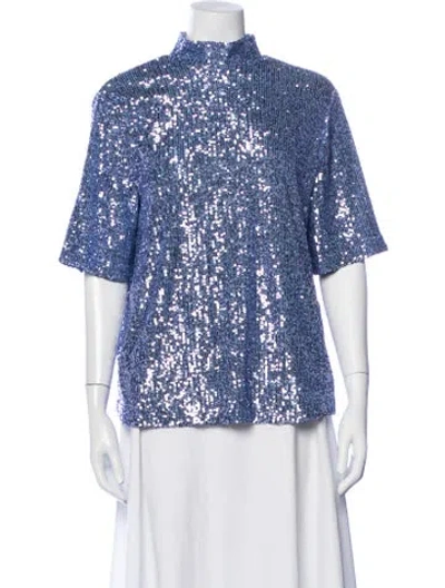 Pre-owned Callas Milano Patterned Mock Neck Top In Blue
