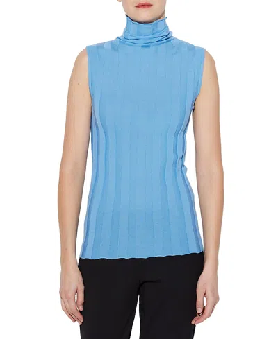 Callas Milano Romy Merino Wool Ribbed Sleeveless Turtleneck In Blue
