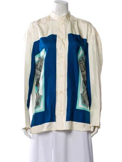 Pre-owned Callas Milano Silk Printed Button-up Top W/ Tags In Blue