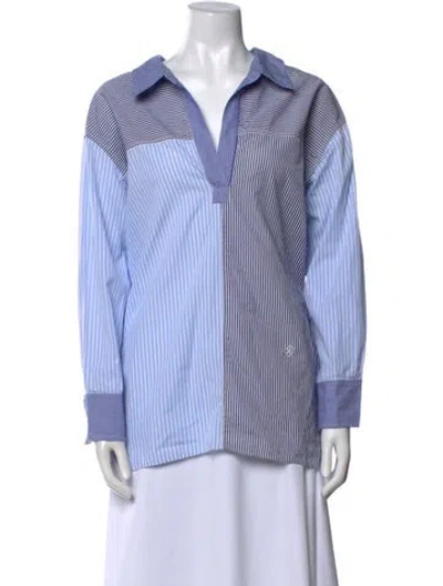 Pre-owned Callas Milano Striped Long Sleeve Button-up Top In Blue