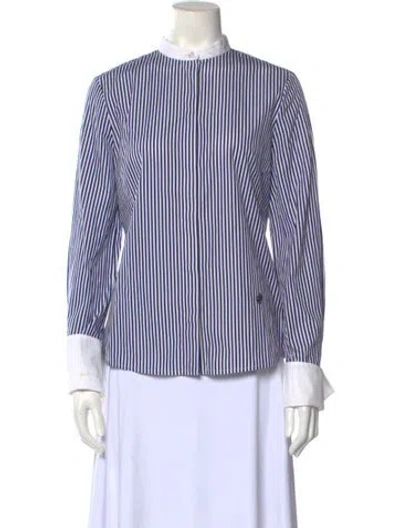 Pre-owned Callas Milano Striped Mock Neck Button-up Top In Blue