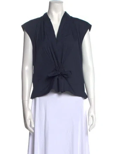 Pre-owned Callas Milano V-neck Short Sleeve Blouse In Blue