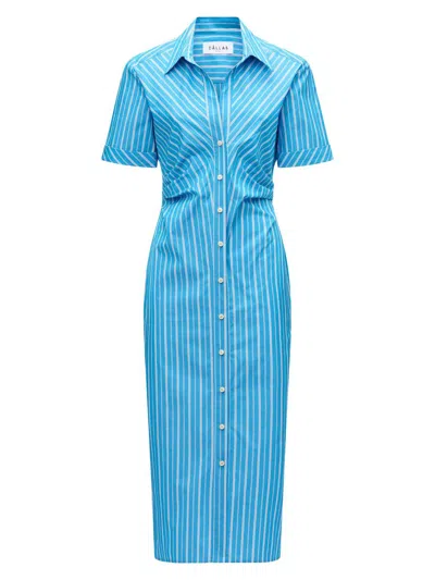 Callas Milano Lou Pleated Striped Cotton Midi Shirtdress In Blue