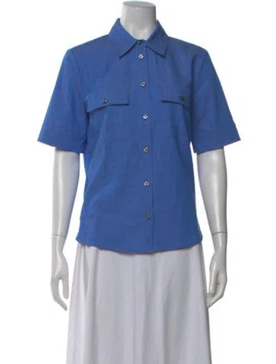 Pre-owned Callas Milano Wool Short Sleeve Button-up Top In Blue