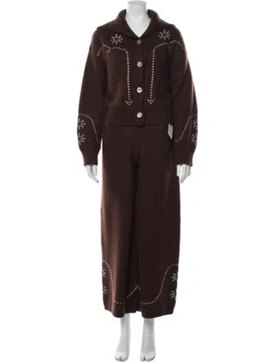 Pre-owned Calle Del Mar Cashmere Floral Print Pant Set In Brown
