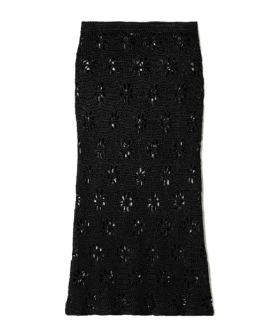Calle Del Mar Crochet Midi Skirt With Floral Motifs In Black