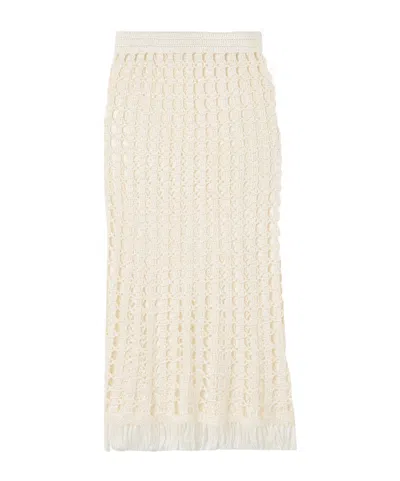 Calle Del Mar Fringe Crochet Midi Skirt In Neutral