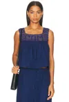 Calle Del Mar Heirloom Crochet-trimmed Gathered Cotton-poplin Top In Blue