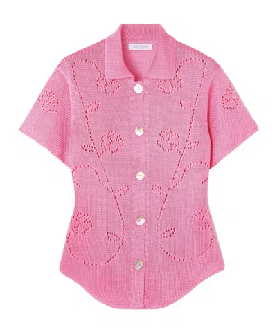 Calle Del Mar Lapel Short Sleeve Knit Cardigan In Pink