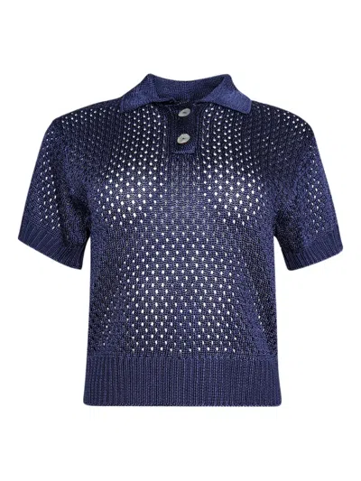Calle Del Mar Open-knit Polo Top In Blue