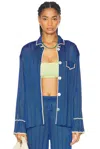 Calle Del Mar Wide Rib Long Sleeve Pajama Shirt In Lapis & Butter