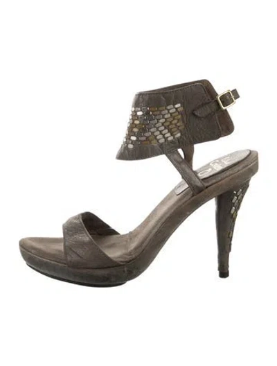 Pre-owned Calleen Cordero Leather Leather Trim Embellishment Sandals In Gray