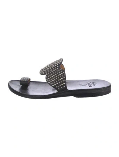 Pre-owned Calleen Cordero Leather Printed Slides In Black