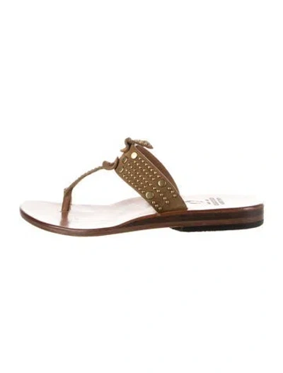 Pre-owned Calleen Cordero Leather Studded Accents Flip Flops In Brown