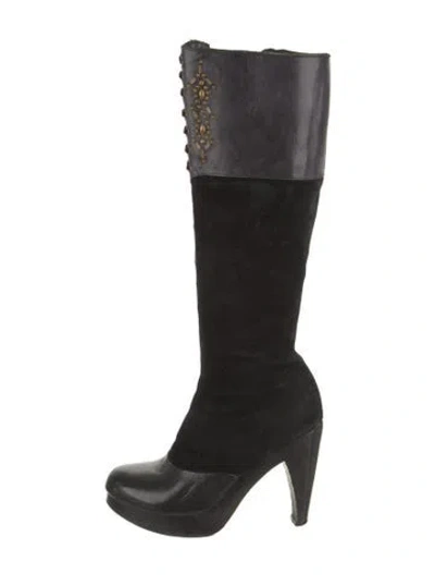Pre-owned Calleen Cordero Leather Studded Accents Lace-up Boots In Black