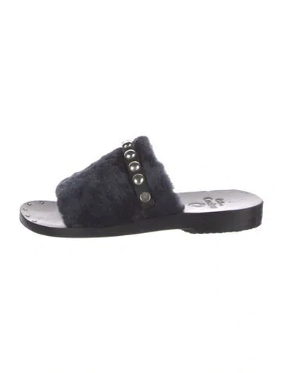 Pre-owned Calleen Cordero Leather Studded Accents Slides In Blue