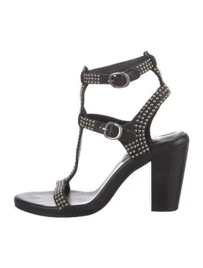 Pre-owned Calleen Cordero Leather Studded Accents T-strap Sandals In Black