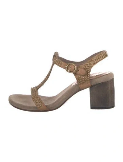 Pre-owned Calleen Cordero Leather Studded Accents T-strap Sandals In Brown