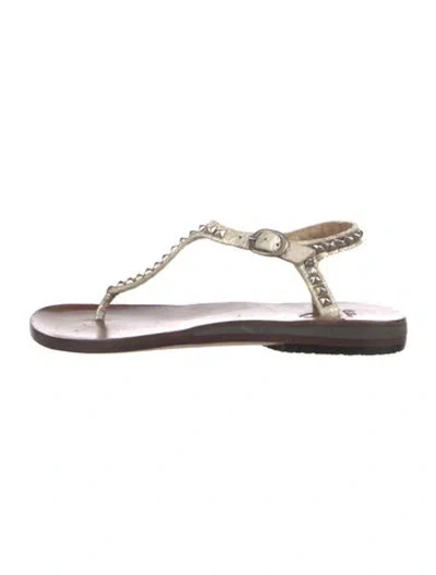 Pre-owned Calleen Cordero Leather Studded Accents T-strap Sandals In Gray