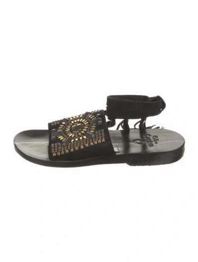 Pre-owned Calleen Cordero Suede Graphic Print Sandals In Black