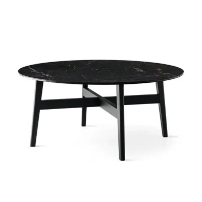 Calligaris Abrey Round Coffee Table With Wooden Base In Calacatta Black Marble Top,matte Black Base