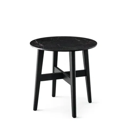 Calligaris Abrey Round End Table With Wooden Base In Calacatta Black Marble