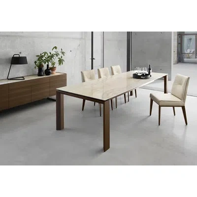 Calligaris Omnia Extendable Table With Rectangular Top And Wooden Legs In Golden Onyx Marble Cermanic Glass,graphite Veneer