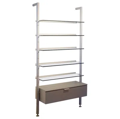 Pre-owned Calligaris Wall Unit. Glass Shelves, Aluminum Frame, Wood Drawer. Signed. In Brown