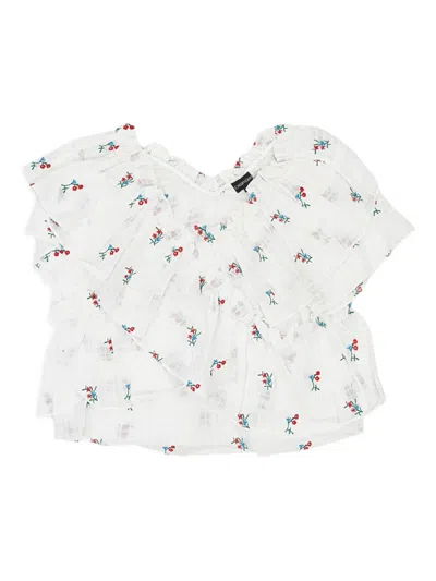 Callipygian Floral-embroidered Ruffled Blouse In White