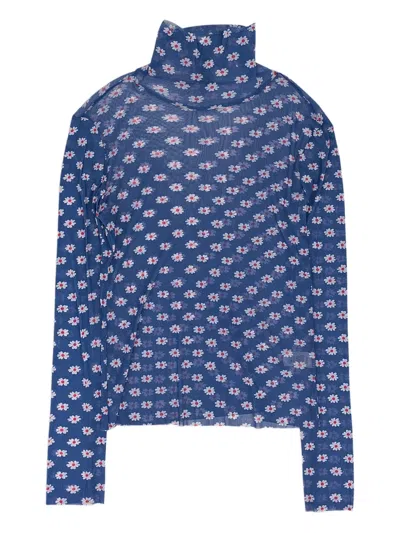 Callipygian Flower-print Turtleneck Sweater In Blue