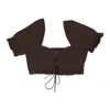 Callipygian Lace Up Ruffle Chocolate Crop Top In Brown