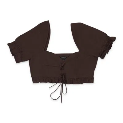 Callipygian Lace Up Ruffle Chocolate Crop Top In Brown