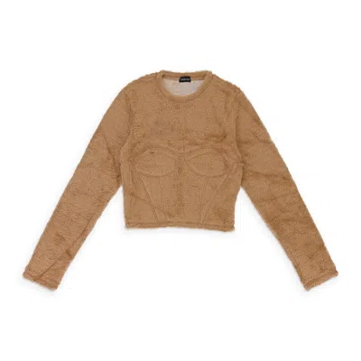 Callipygian Textured Bustier Camel Long Sleeve T-shirt In Brown