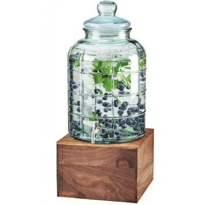 Cal-mil Mid-century 2 Gallon Glass Beverage Dispenser With Walnut Base And Ice Chamber In Brown;clear