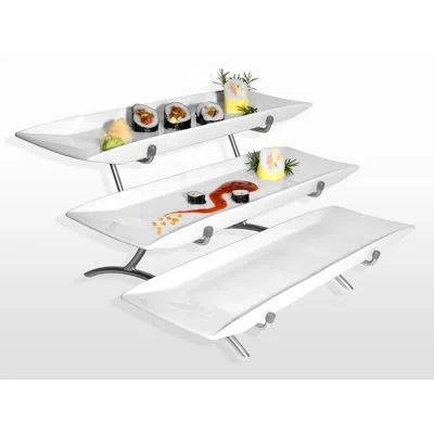Cal-mil Prestige Wide Frame Three Tier Wire Stand With Porcelain Platters - 23" X 18" X 12" In Black