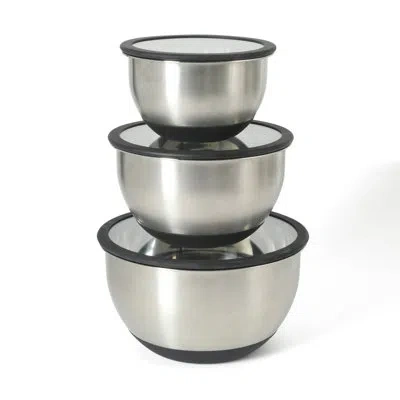 Calphalon Orbit 3 Piece Mixing Bowl Set W/ Glass Lids And Sillicone Nonslip Base In Silver