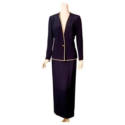 Pre-owned Calvin Klein 1990's Navy Blue Silk Evening Suit With Metallic Gold Trim