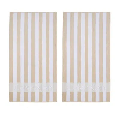 Calvin Klein 2 Piece Beach Towel Set In Beach Stripe Logo Beige