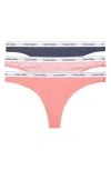 Calvin Klein 3-pack Cotton Thongs In Calypso Coral,speakeasy,sophie Stripecal