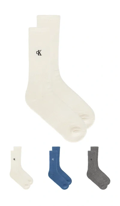 Calvin Klein 3 Pack Jeans Cushion Crew Socks In Blue
