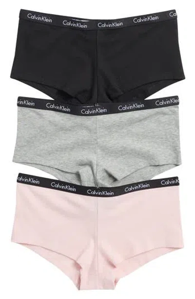 Calvin Klein 3-pack Rib Knit Boyshorts In Grey Heather/black/pink