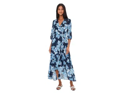 Calvin Klein 3/4 Sleeve Floral Chiffon Maxi In Blue