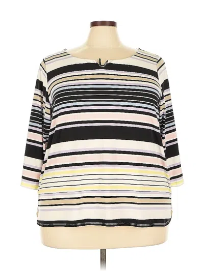 Pre-owned Calvin Klein 3/4 Sleeve Top Ivory Stripes Pattern Boatneck Tops In White